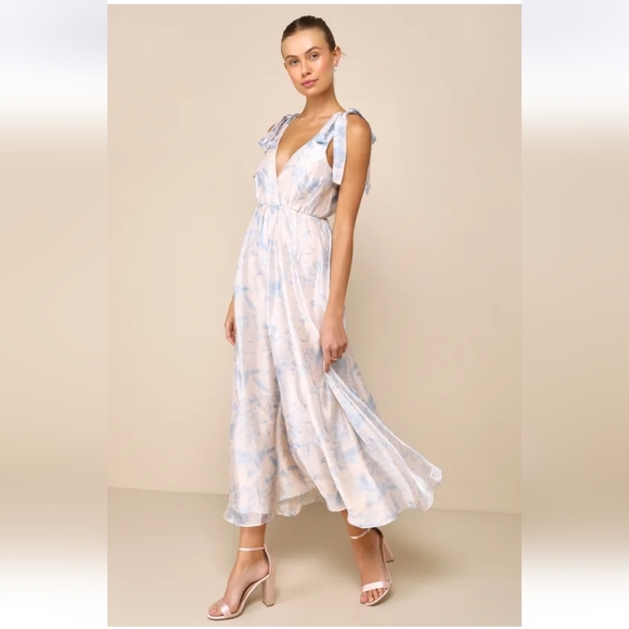 Lulus NWT Breathtaking Charm Blush and Blue Floral Tie-Strap Maxi Dress - Picture 3 of 6